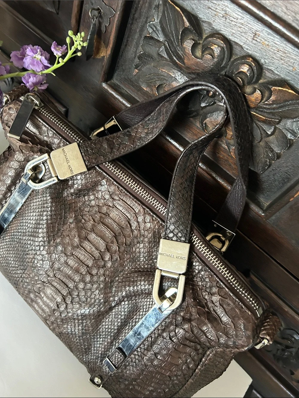 Michael Kors Brown Textured Leather Satchel with Silver-Tone Hardware